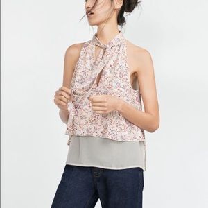 NWT Zara Floral Layered Blouse With Front Bow